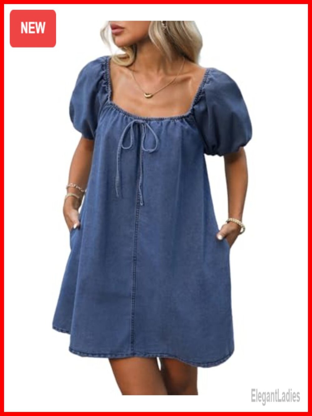 Women's Denim Mini Dress Puff Short Sleeve Square Neck Loose Jean Dress with